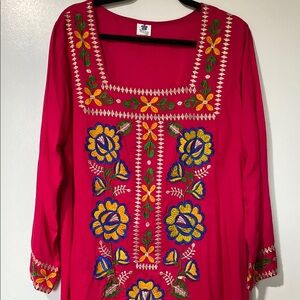 Embroidered Floral Long Sleeve Dress - Red